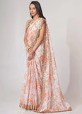 White Digital Printed Organza Contemporary Saree