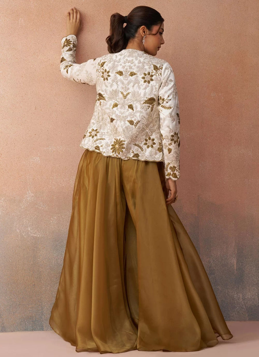 Luxury White Tissue Indo Western Co-Ord Set with Embroidered Silk Jacket