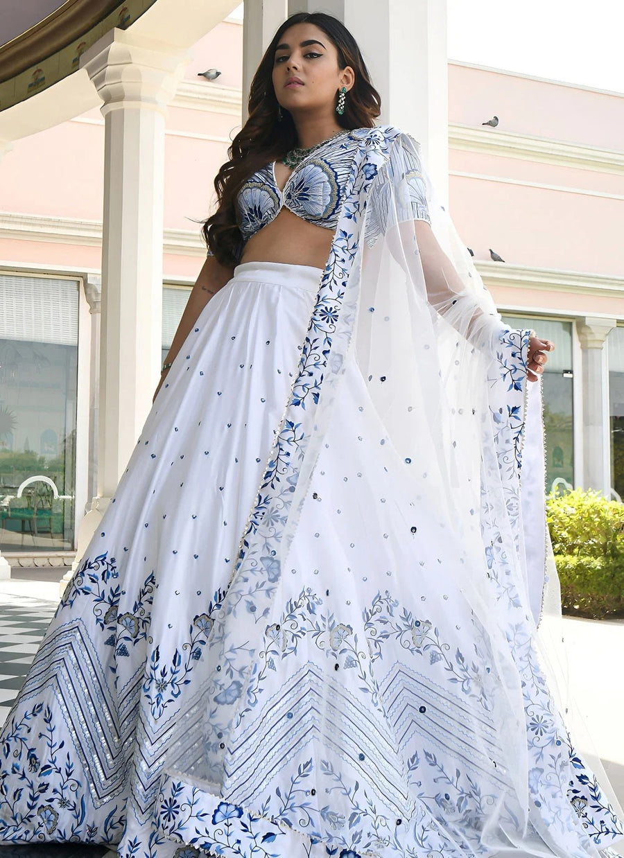 Satin lehenga with gota patti and thread work