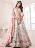 White Georgette Indian Wedding Lehenga with Thread, Zari, Sequins and Zarkan Work