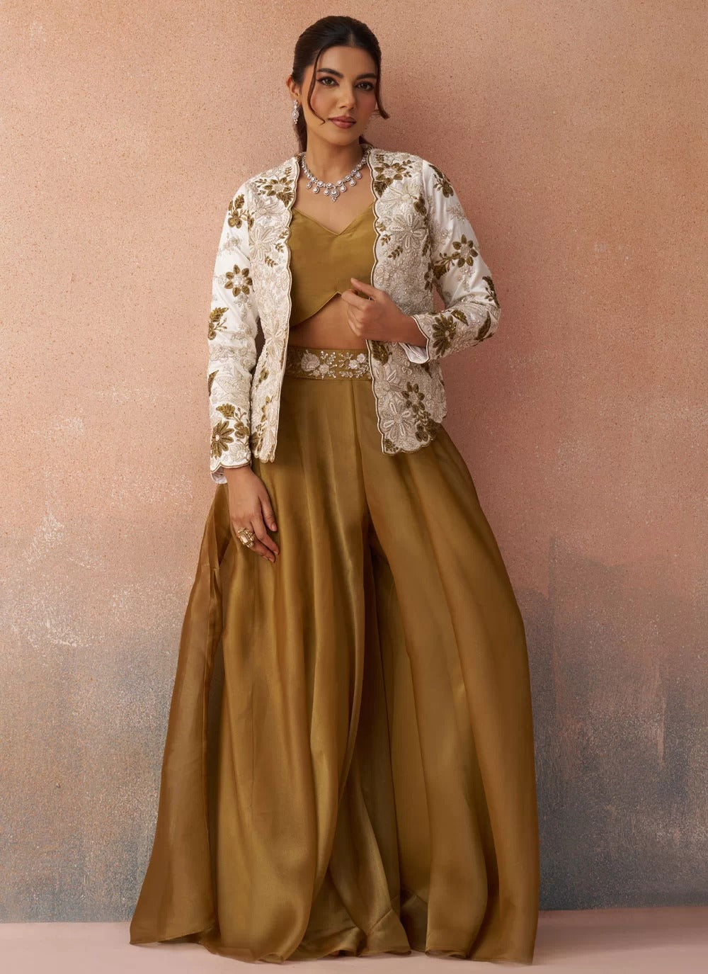 Luxury White Tissue Indo Western Co-Ord Set with Embroidered Silk Jacket