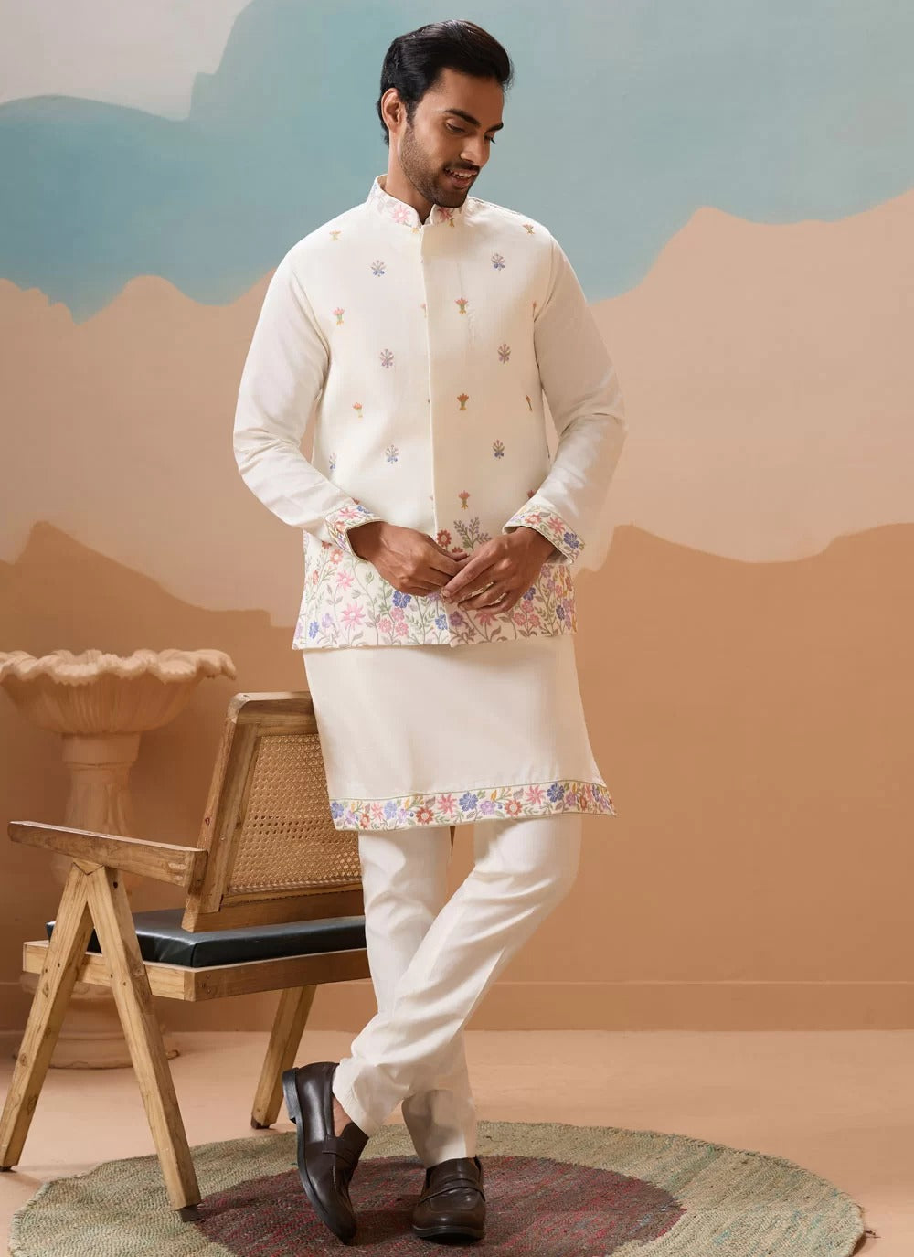White koti kurta pajama for men in viscose silk with embroidery