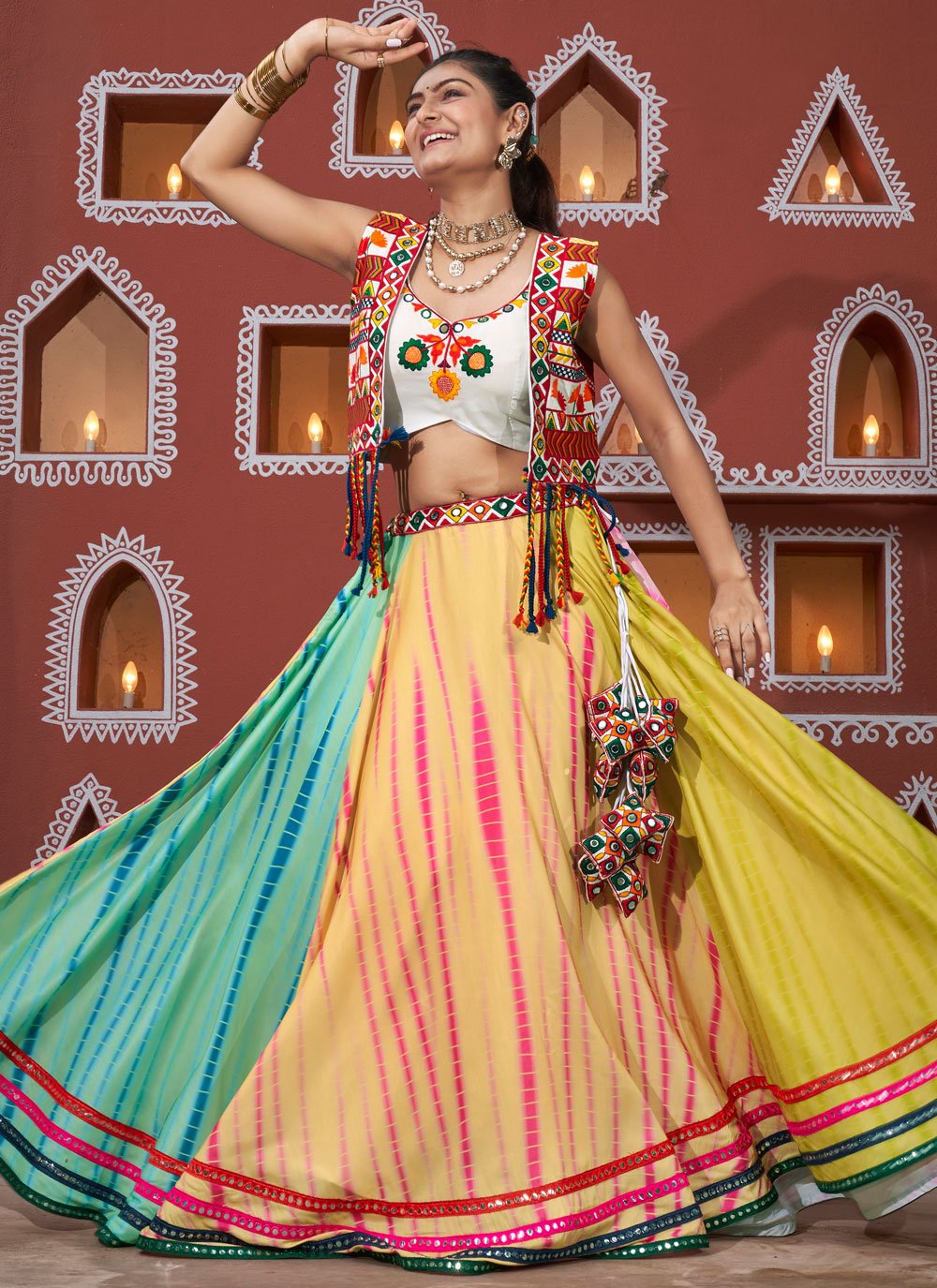 White Poly Maska Silk Navratri Chaniya Choli with Embroidered Waist Belt and Latkan