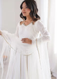 Ready to wear white Anarkali suit with pants and net dupatta