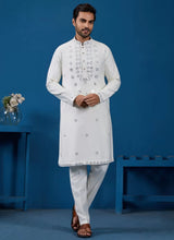 Elegant White Viscose Silk Mirror Work Men’s Kurta Pyjama Set