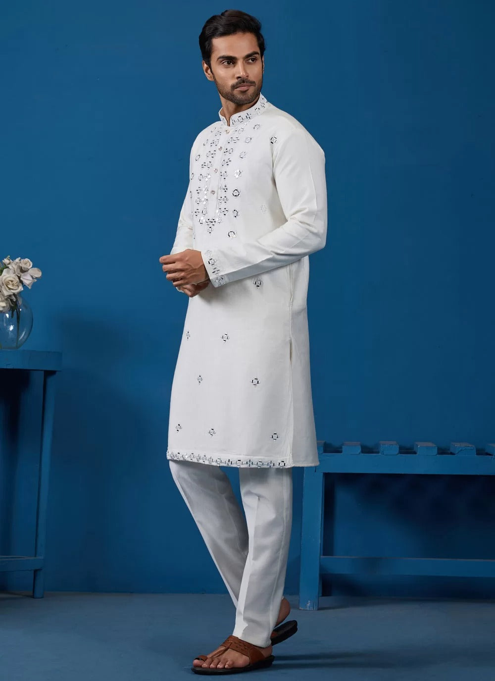 White Viscose Silk Kurta Pyjama with Real Mirror & Thread Work | Gunj Fashion
