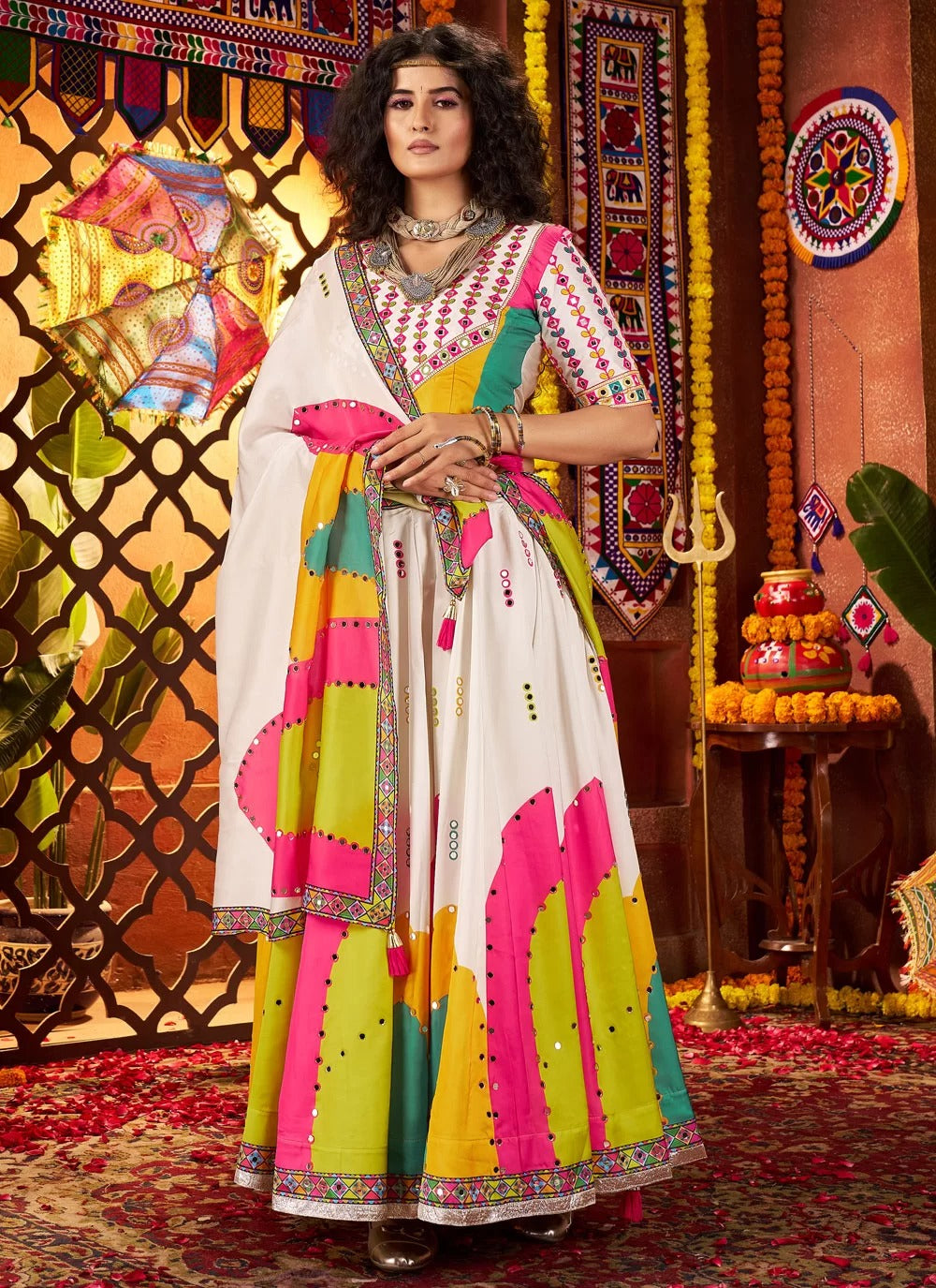 White lehenga with purple blouse for Navratri Garba