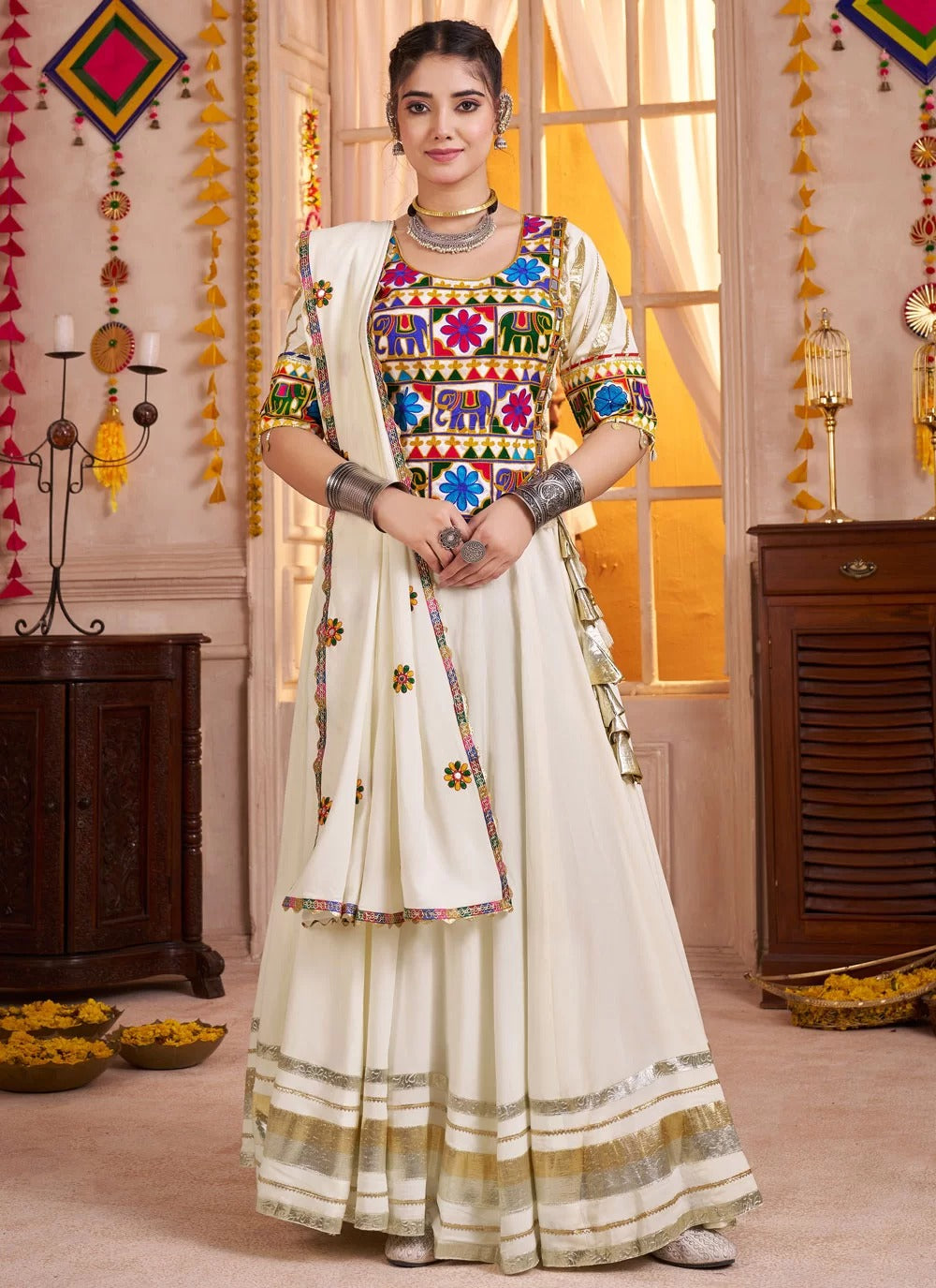 White dupatta with thread embroidery and all-over mirror detailing for festival wear