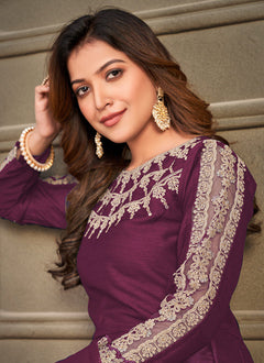 Wine Art Silk Heavy Embroidered Anarkali For Women