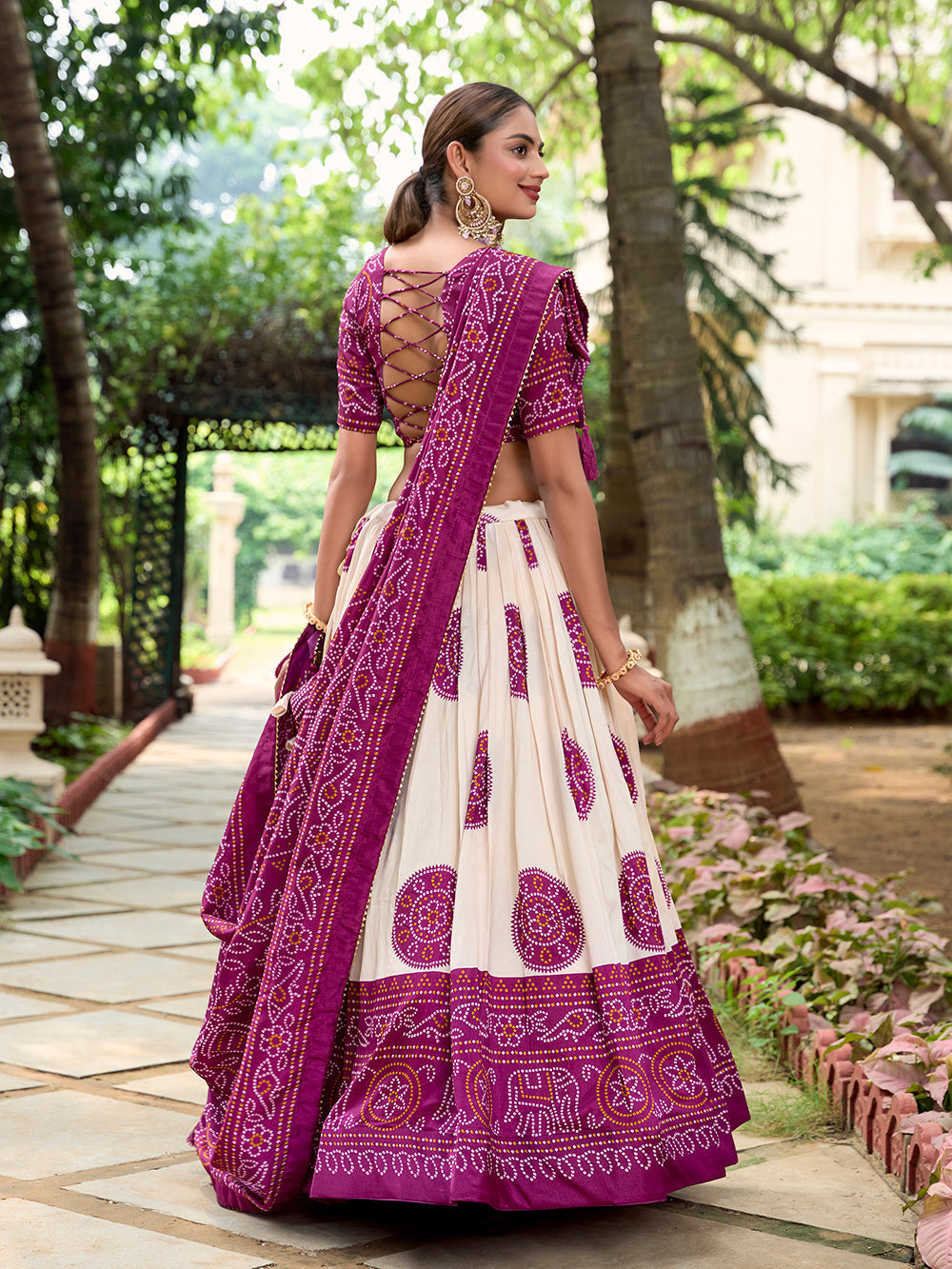 Wine Color Bandhej Printed Tussar Silk Lehenga Choli