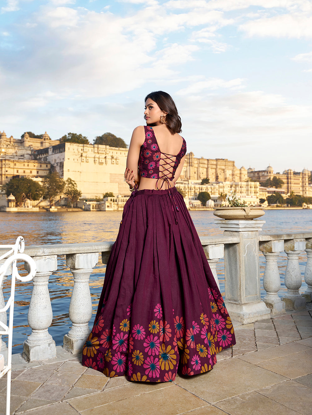 Wine Color Floral Print With Foil Work Tussar Silk Lehenga Choli