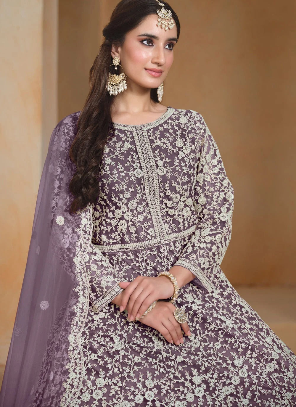 Wine Designer Embroidered Anarkali Suit