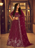 Wine Faux Georgette Sequins Embroidered Party Wear Lehenga