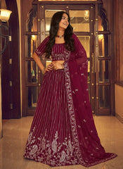 Wine Faux Georgette Sequins Embroidered Party Wear Lehenga