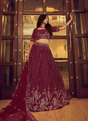Wine Faux Georgette Sequins Embroidered Party Wear Lehenga