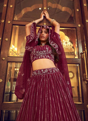Wine Faux Georgette Sequins Embroidered Party Wear Lehenga