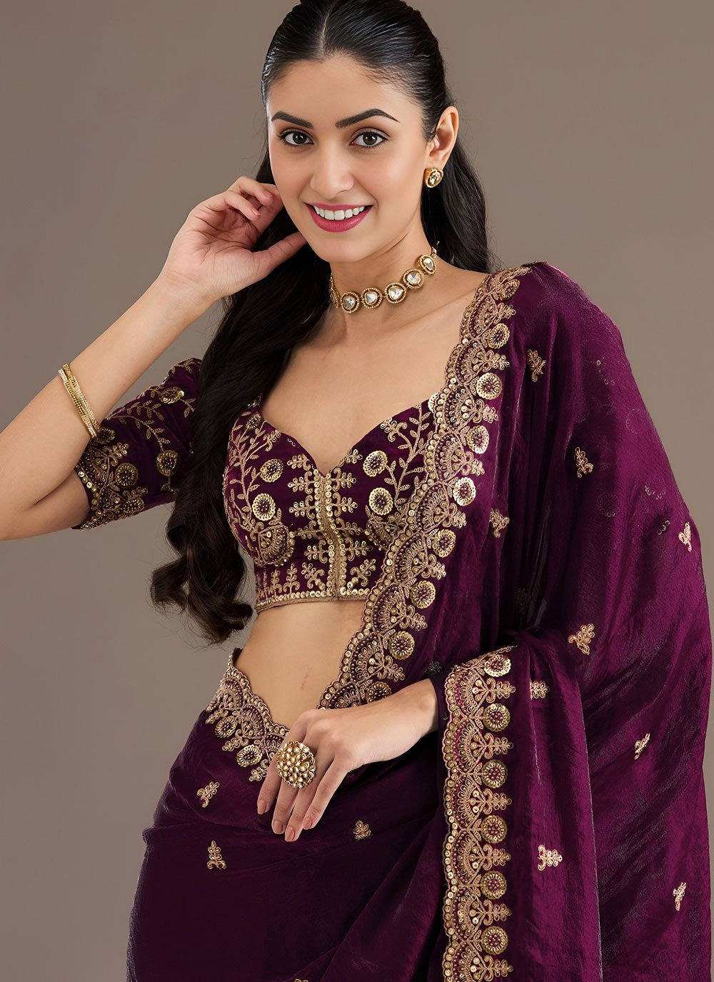 Wine festive tissue saree with sequins embroidery