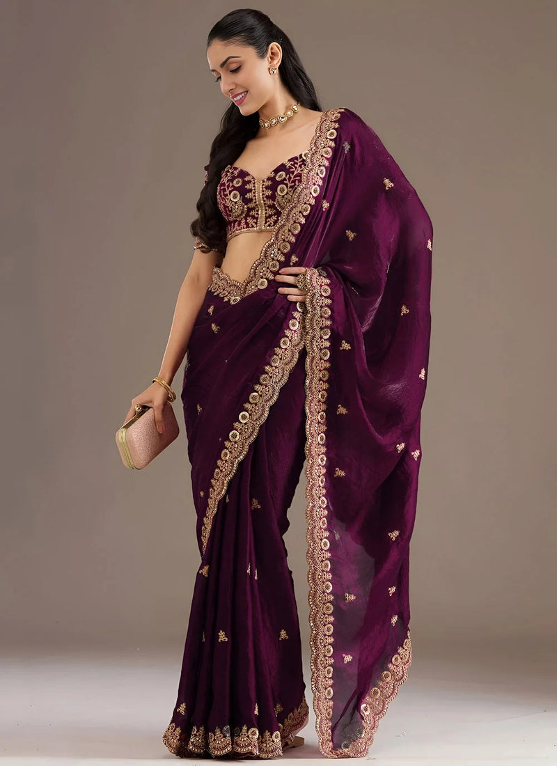 Wine Wedding Reception Tissue Saree for Women