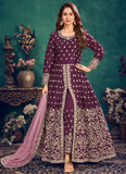 Wine Zari Embroidered Art Silk Designer Floor Length Suit