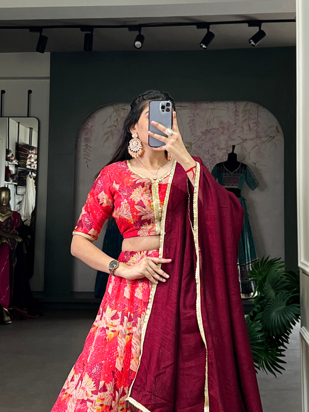 Red Color Printed With Tussar Silk Lehenga Choli