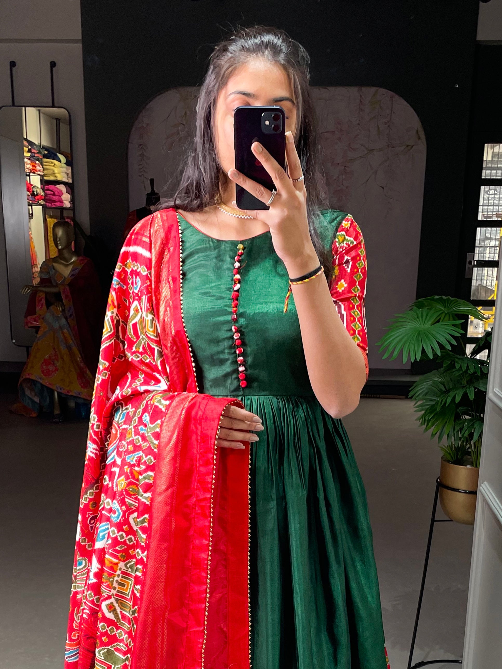 Green Color Patola And Foil Printed Dola Silk Dress