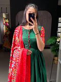Green Color Patola And Foil Printed Dola Silk Dress