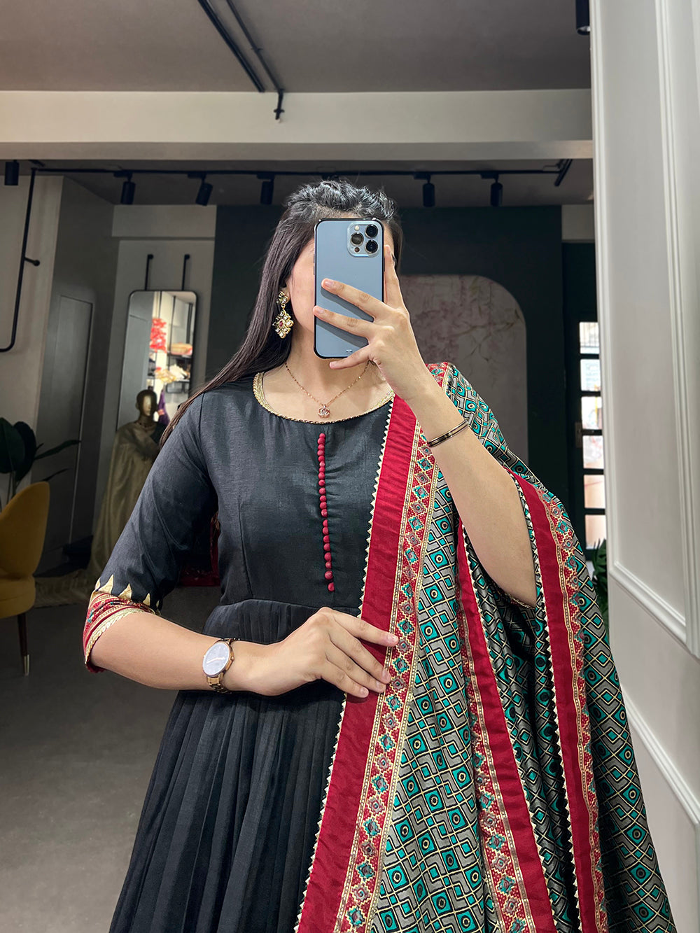 Black Color Print With Foil Print Tussar Silk Dress