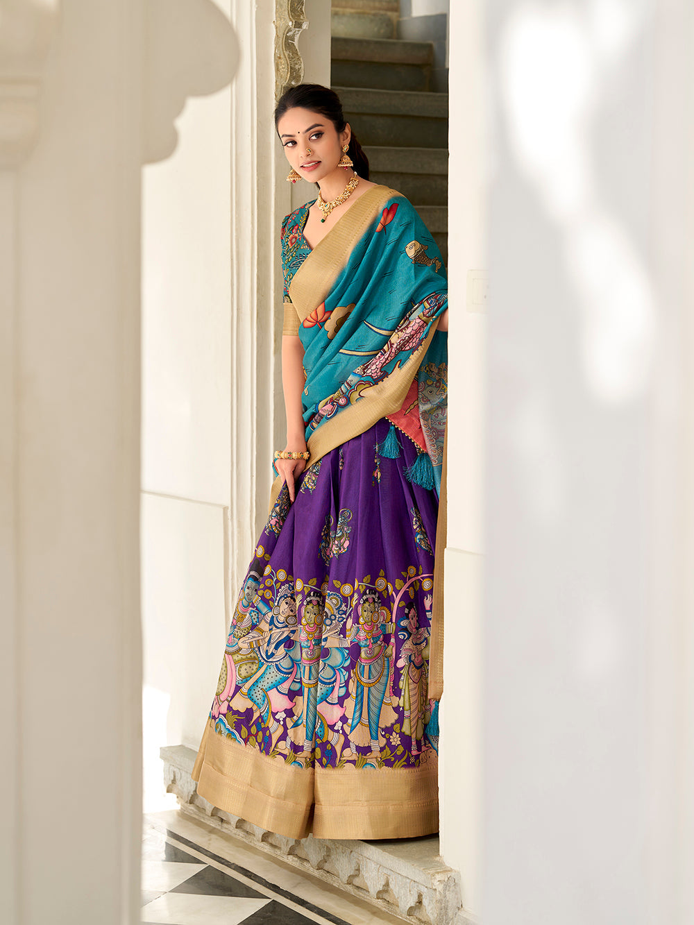 Purple Color Kalamkari Print With Weaving Border Dola Silk Lehenga Choli