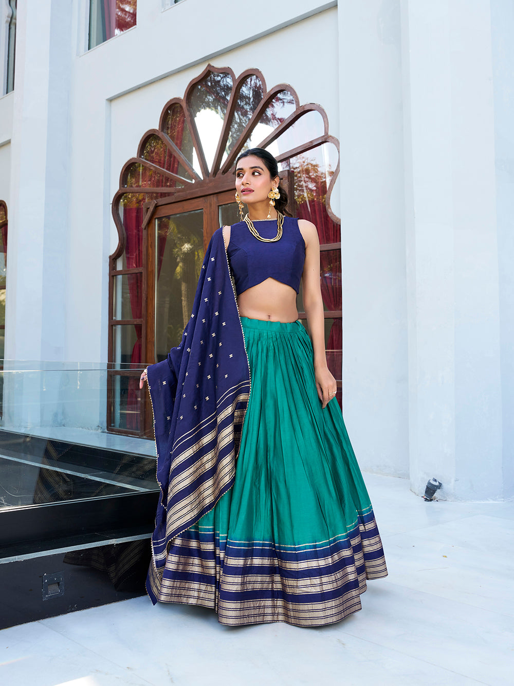 Firozi Color Plain With Zari Weaving Work border Pure Chanderi Lehenga Choli