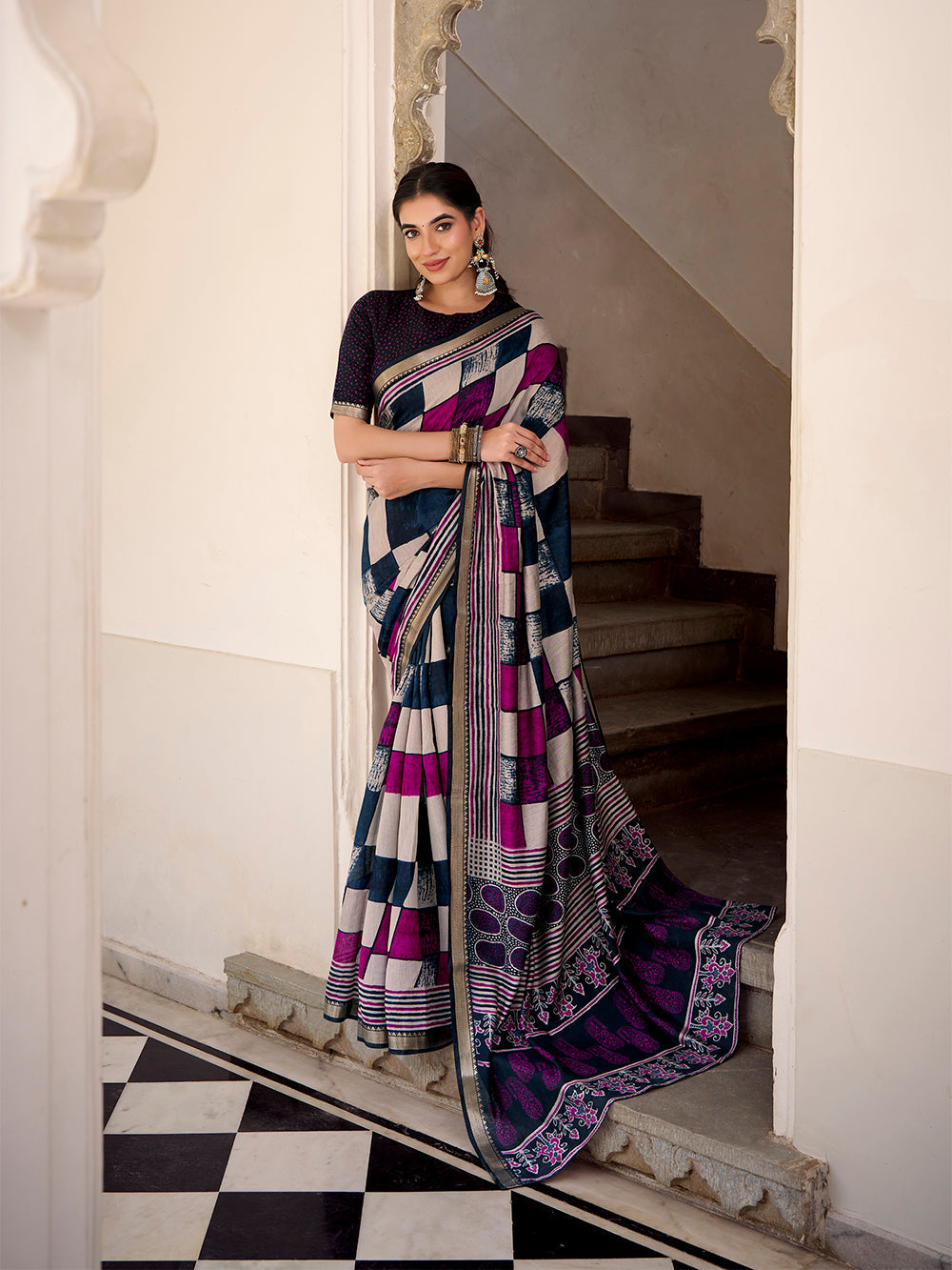 Navy blue viscose chanderi check print saree