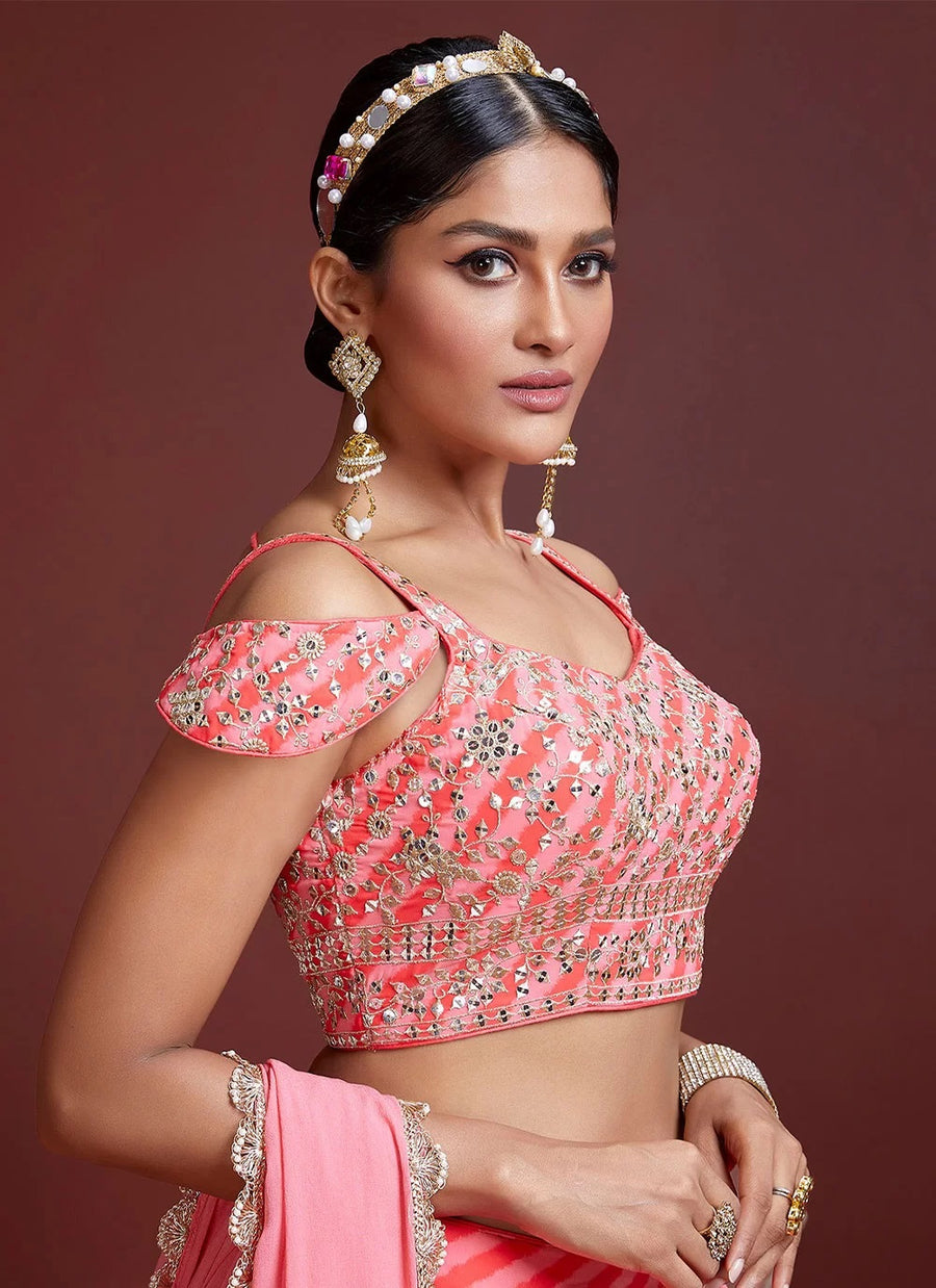 Women Peach & Gold Embellished Semi Stitched Lehenga Set