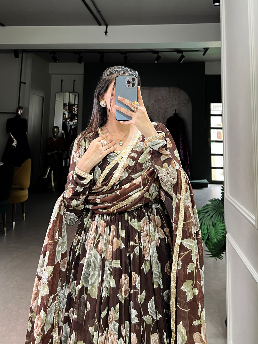 Brown Color Floral Print With Lace Border Marbel Gown