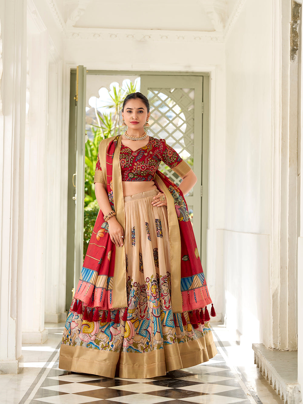Cream lehenga with weaving border