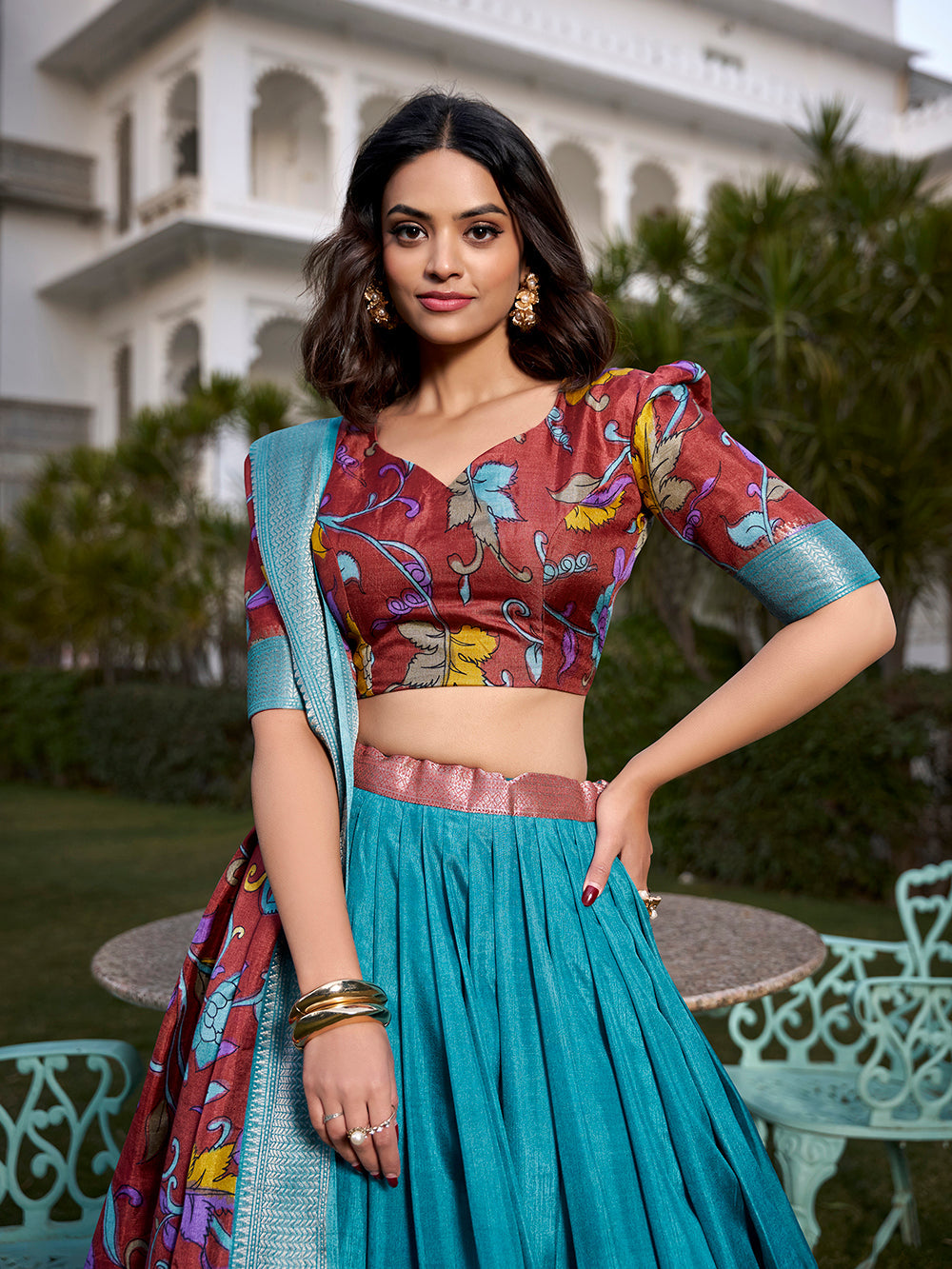 Firozi Color Printed (Kalamkari) With Zari Weaving Border Dola Silk Lehenga Choli