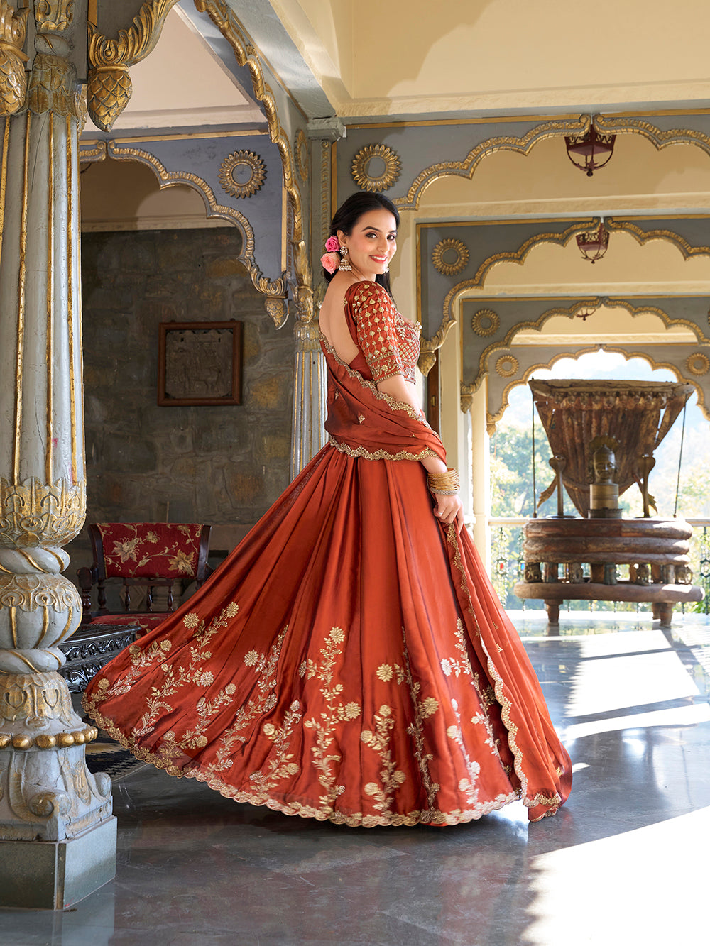 Rust Orange Rangoli Silk Lehenga Choli with Embroidery