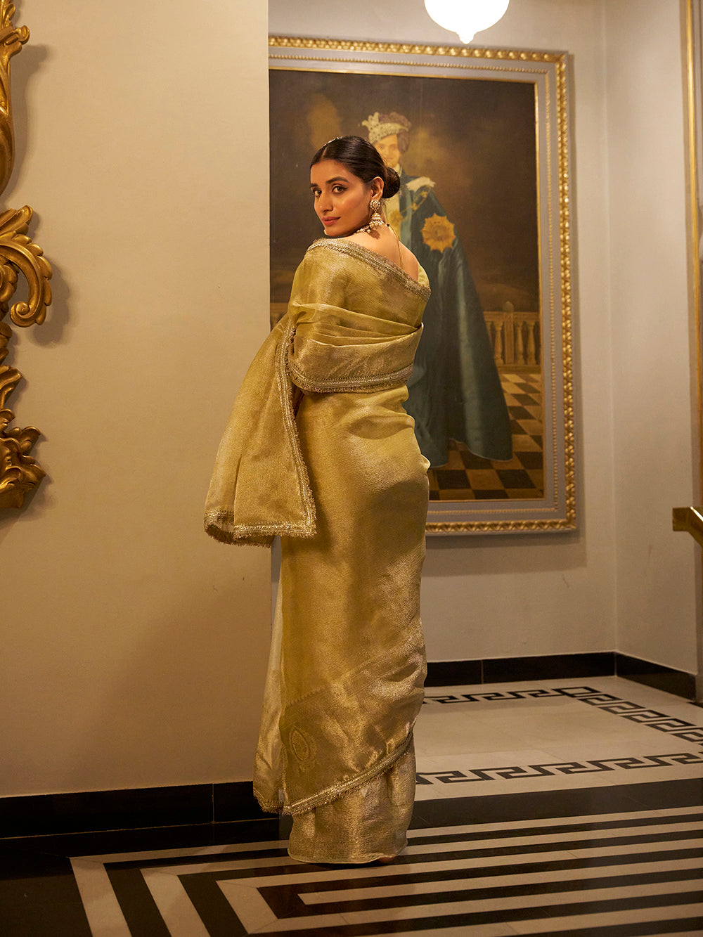 Gold shimmer saree for weddings and festivals