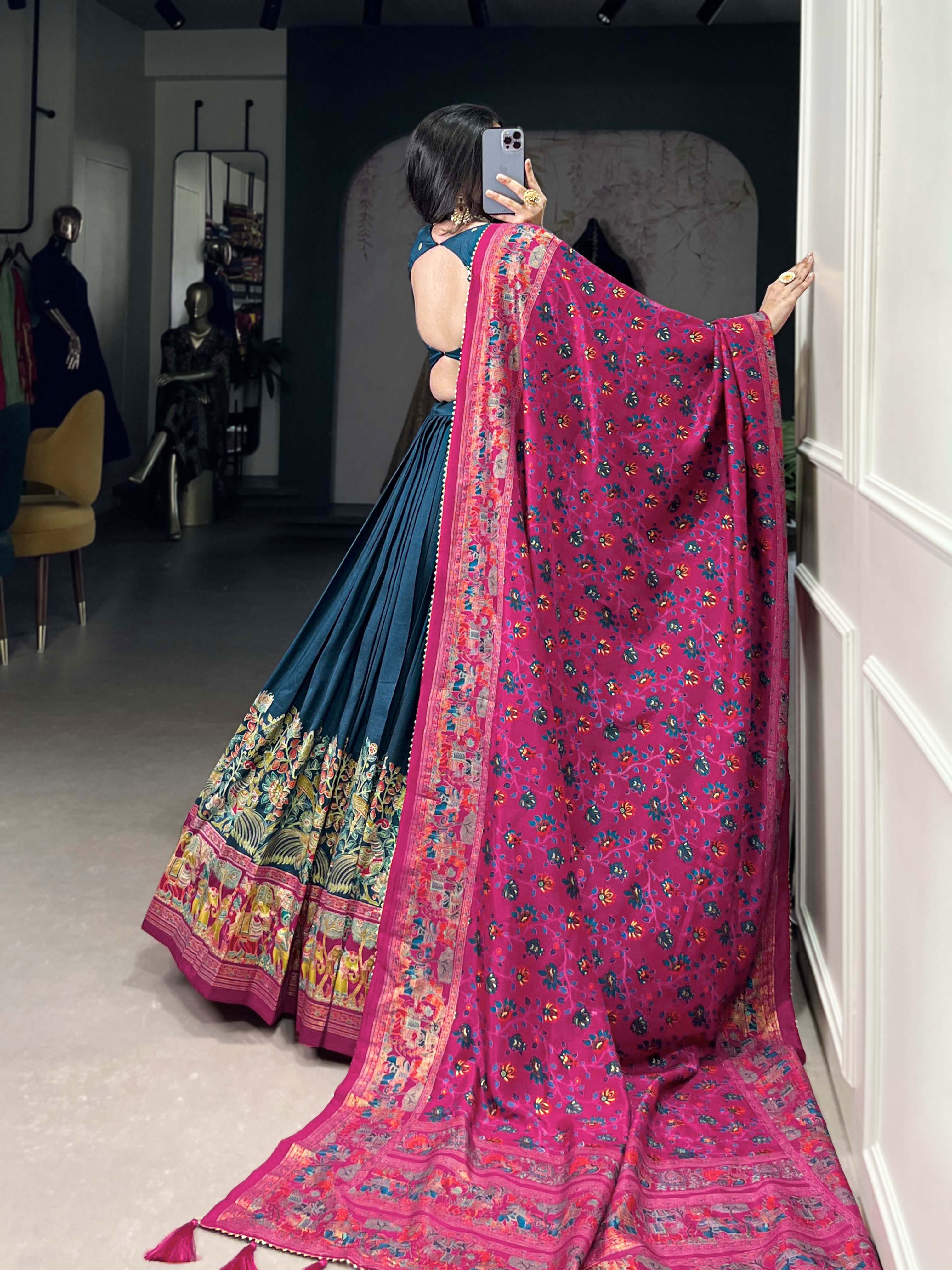 Peacock Blue Color Printed Foil Work Tussar Silk Lehenga Choli