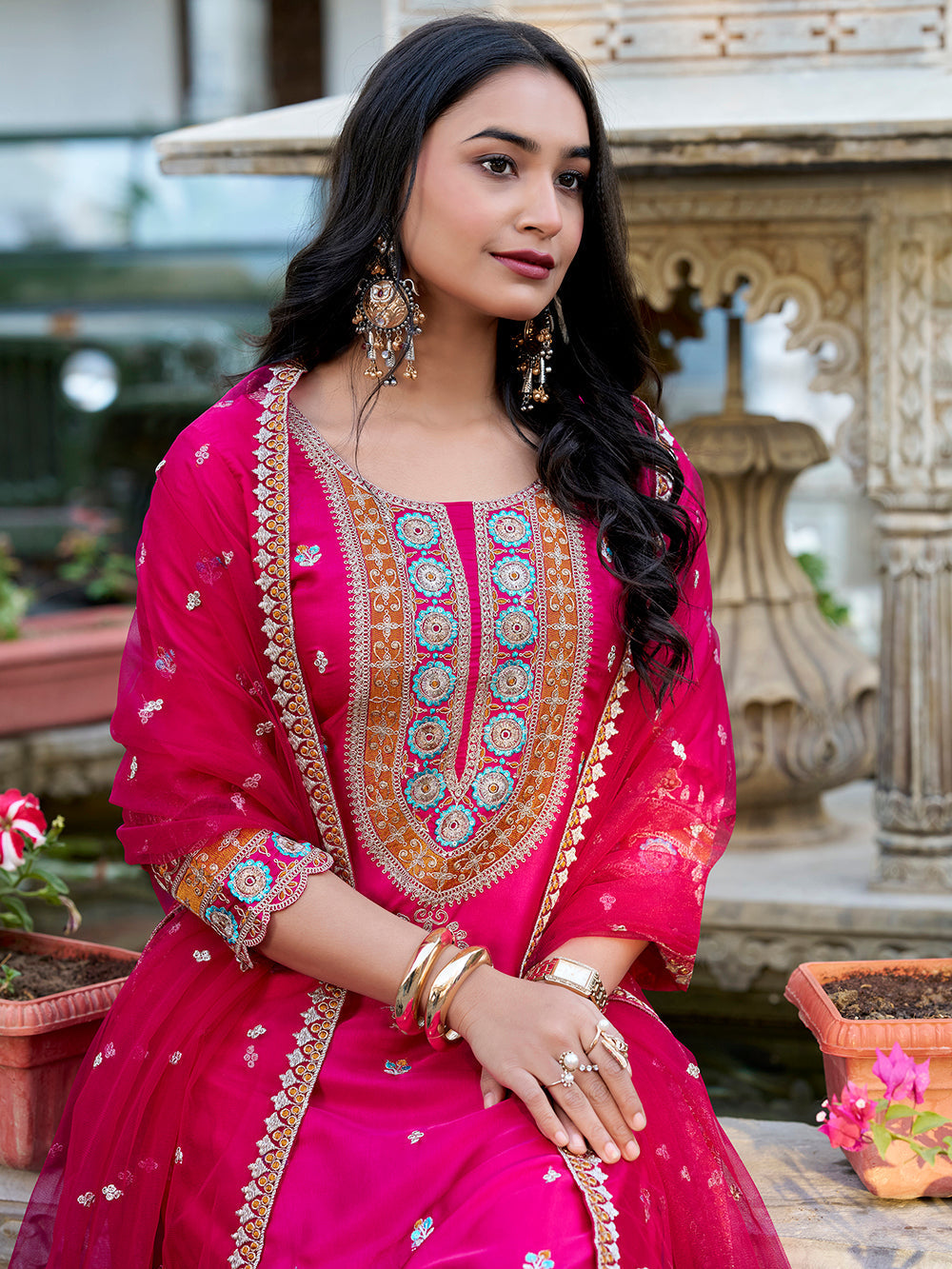 Pink Color Sequins And Thread Embroidery Work Moonga Silk Dress
