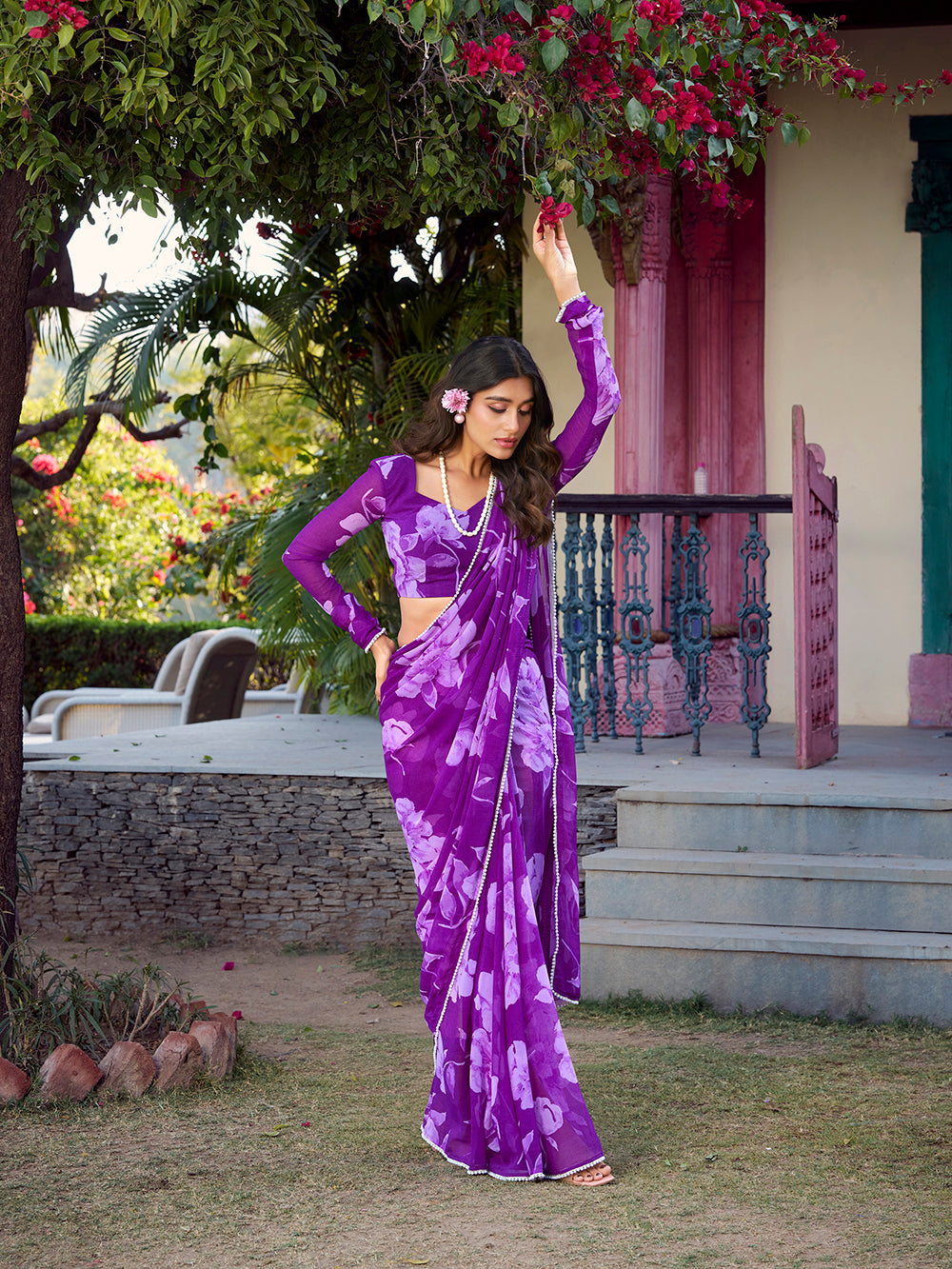 Floral print chiffon saree paired with blouse