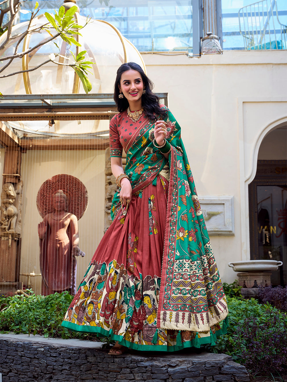 Salmon Color Kalamkari Print With Foil Work Tussar Silk Lehenga Choli