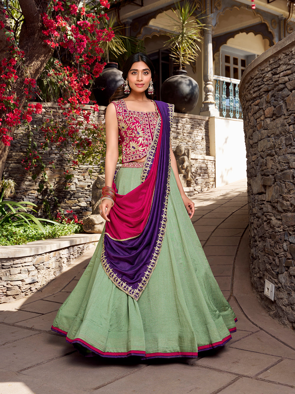 See Green Color Plain With Sequins And Thread Embroidery Work Vichitra Silk Lehenga choli