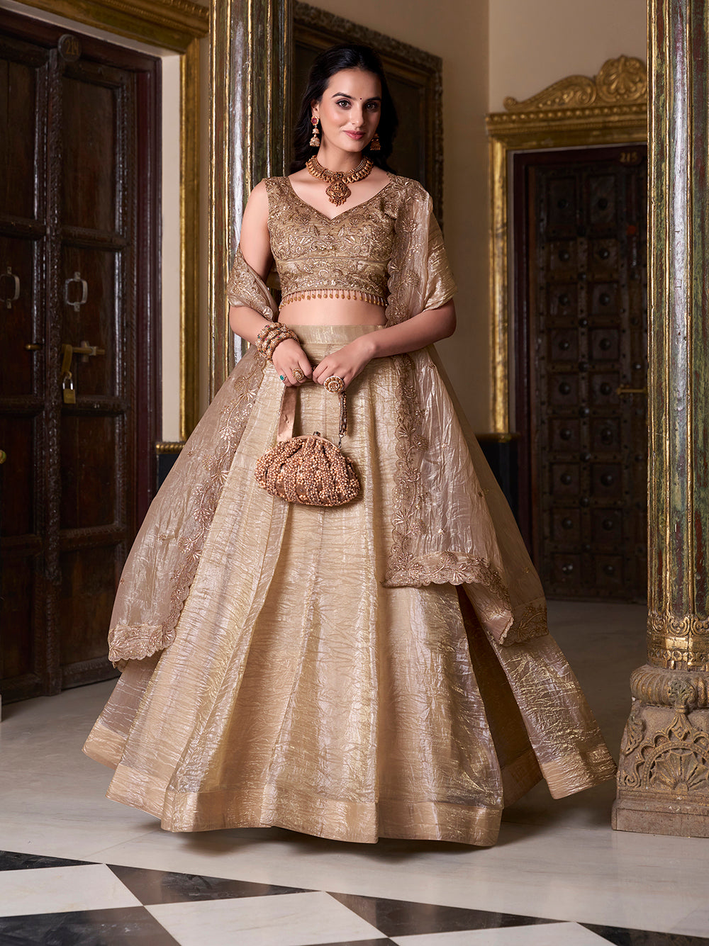 Gold crush lehenga with sequins embroidered blouse