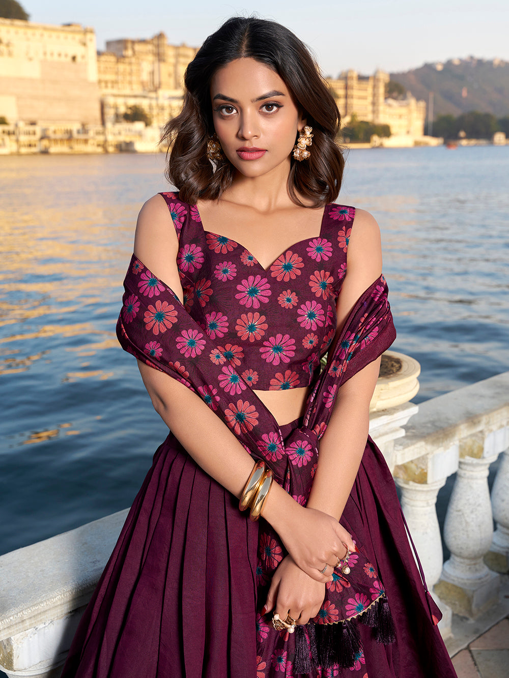 Wine Color Floral Print With Foil Work Tussar Silk Lehenga Choli
