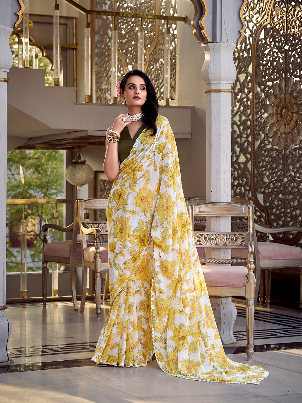 Weightless marble saree with pearl lace border