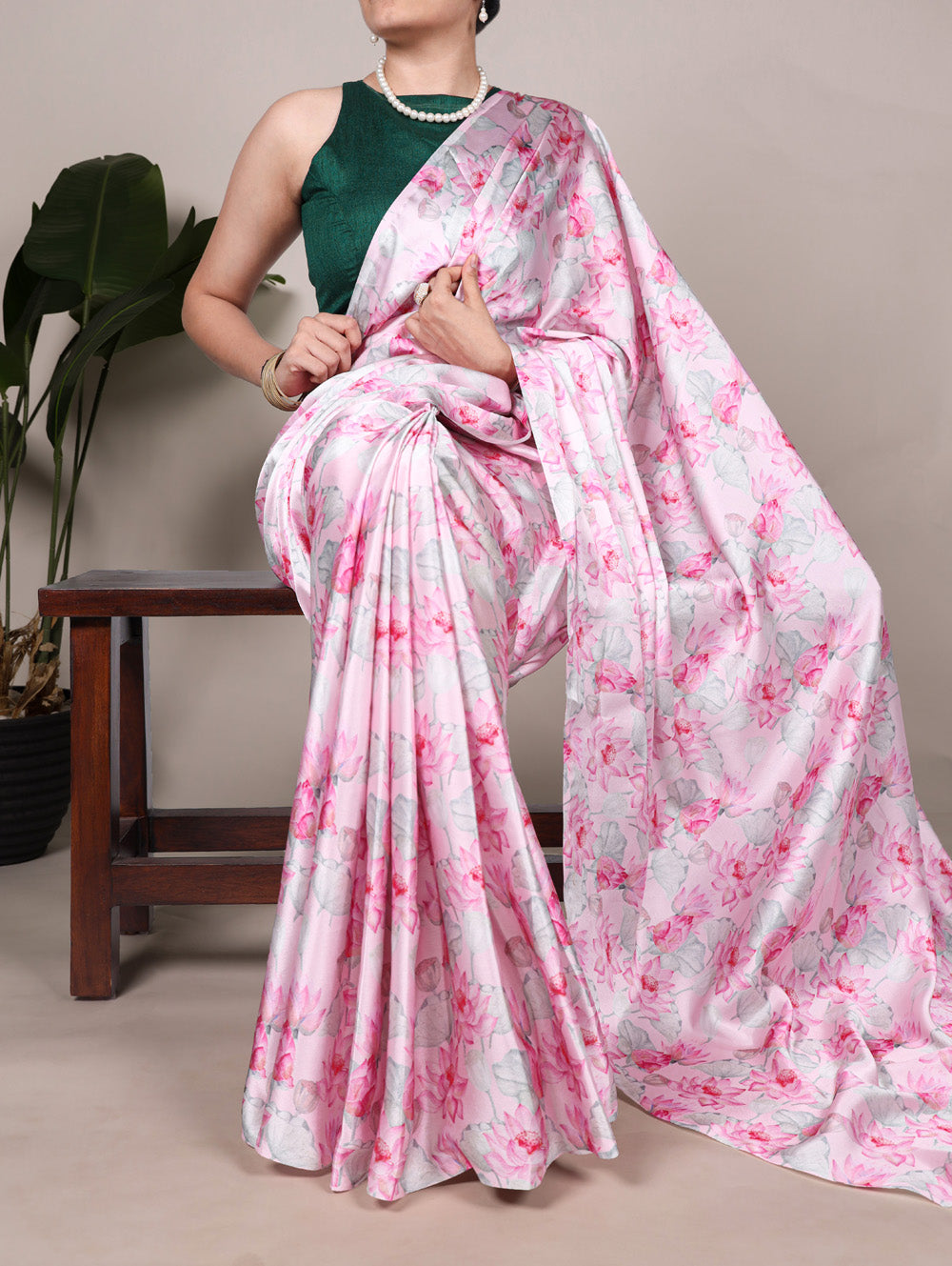 Pink satin silk saree with green blouse