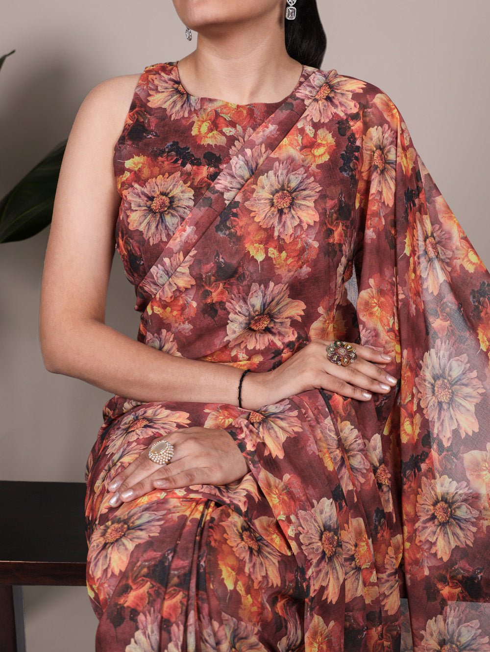 Rust orange floral printed marble saree