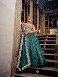 Teal Color Sequins And Thread Embroidery Work Gold Crush Lehenga Choli