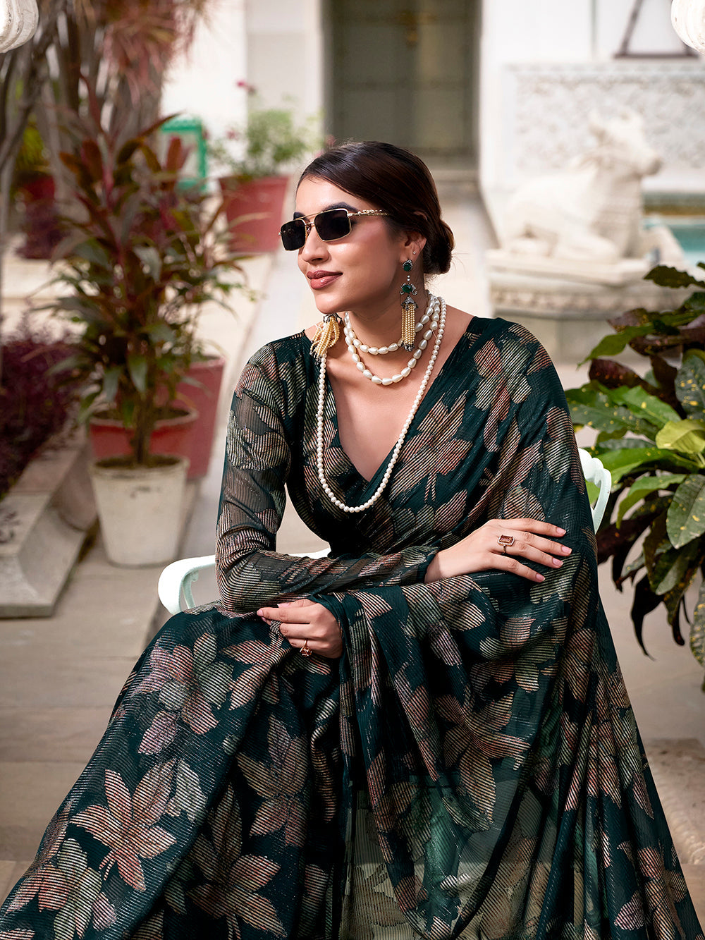 Bottle green party wear designer saree