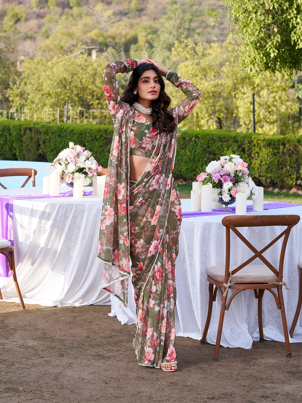 Printed marble saree in mehendi with blouse