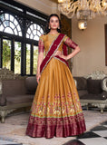 Mustard Color Printed With Zari Weaving Work Kanchipuram Lehenga Choli